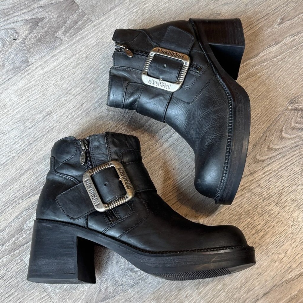 Harley Davidson Womens Black Leather Chunky Block Heel Moto Ankle Boots Size 8